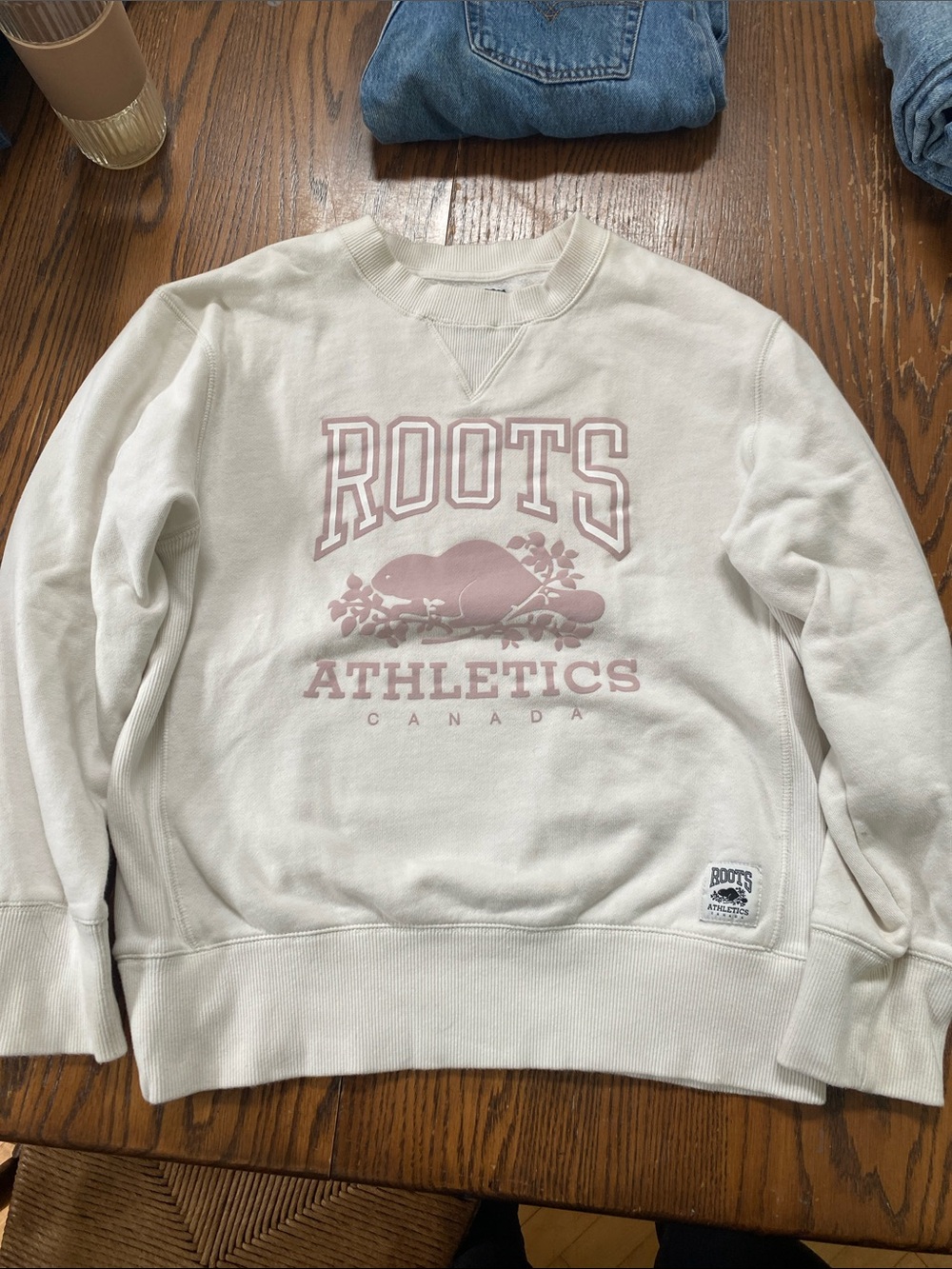 Roots Crewneck Sweater in Cream with Pale Pink Logo